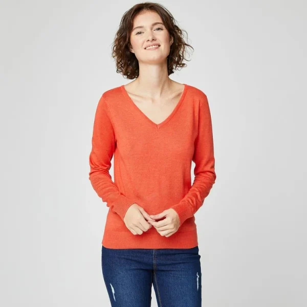 Nouveau 🛒 IN EXTENSO Pull Col V Orange Femme 🧨 à prix très bas 1